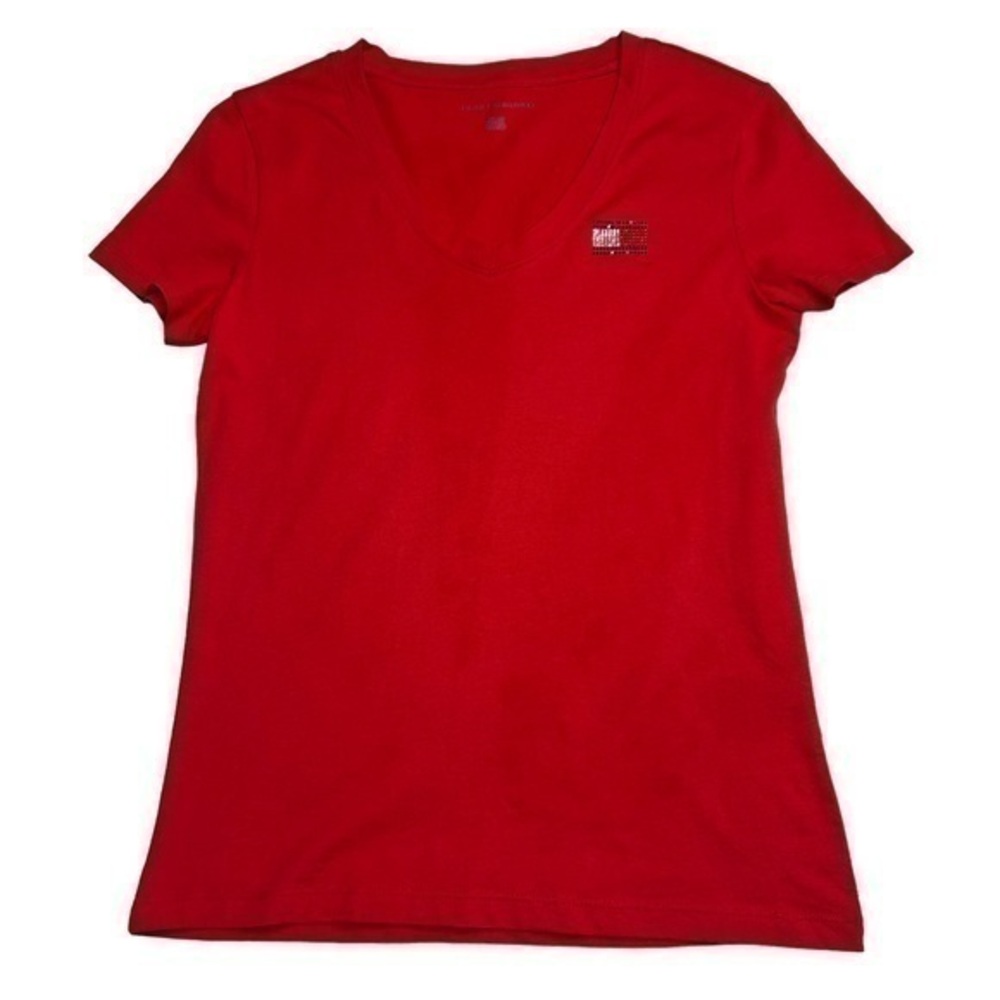 Tommy Hilfiger Women Top Blouse Red V-Neckline Beaded Logo Short Sleeve Size XS